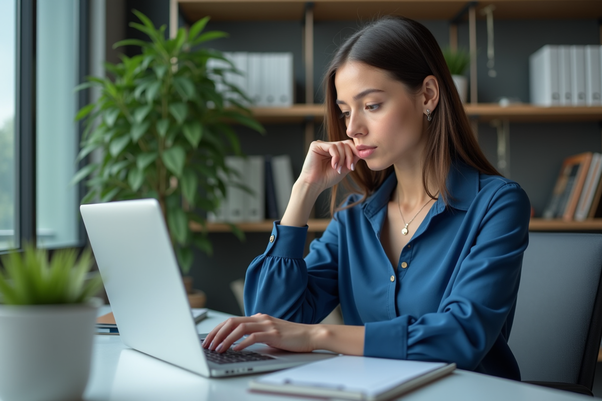 Femme d affaires concentrée sur son ordinateur au bureau