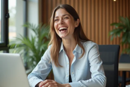 Femme souriante au bureau dans un espace moderne