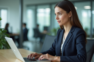 Femme en costume navy au bureau concentrée sur son ordinateur