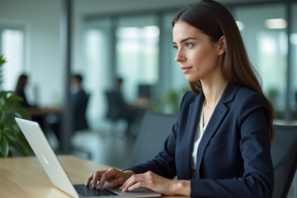 Femme en costume navy au bureau concentrée sur son ordinateur