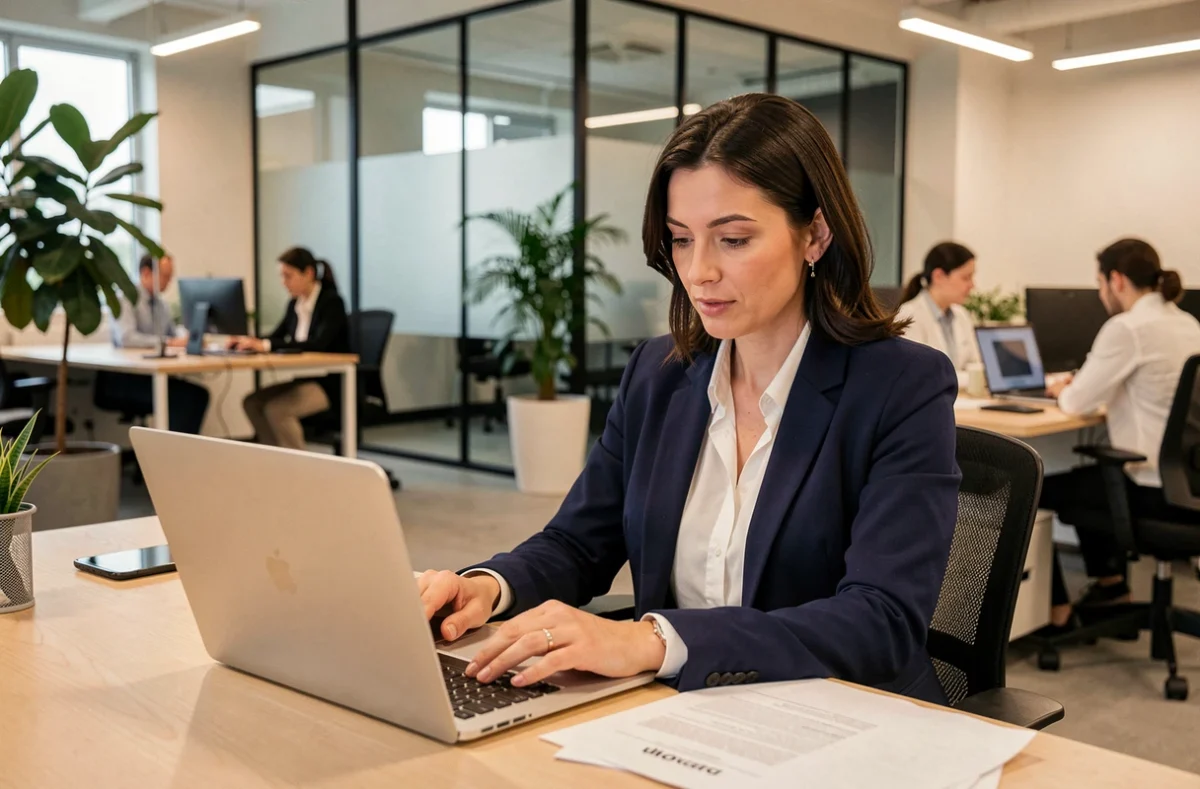 Femme cadre travaillant dans un bureau moderne représentant l'économie tertiaire et le secteur des services