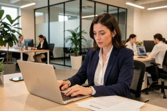 Femme cadre travaillant dans un bureau moderne représentant l'économie tertiaire et le secteur des services