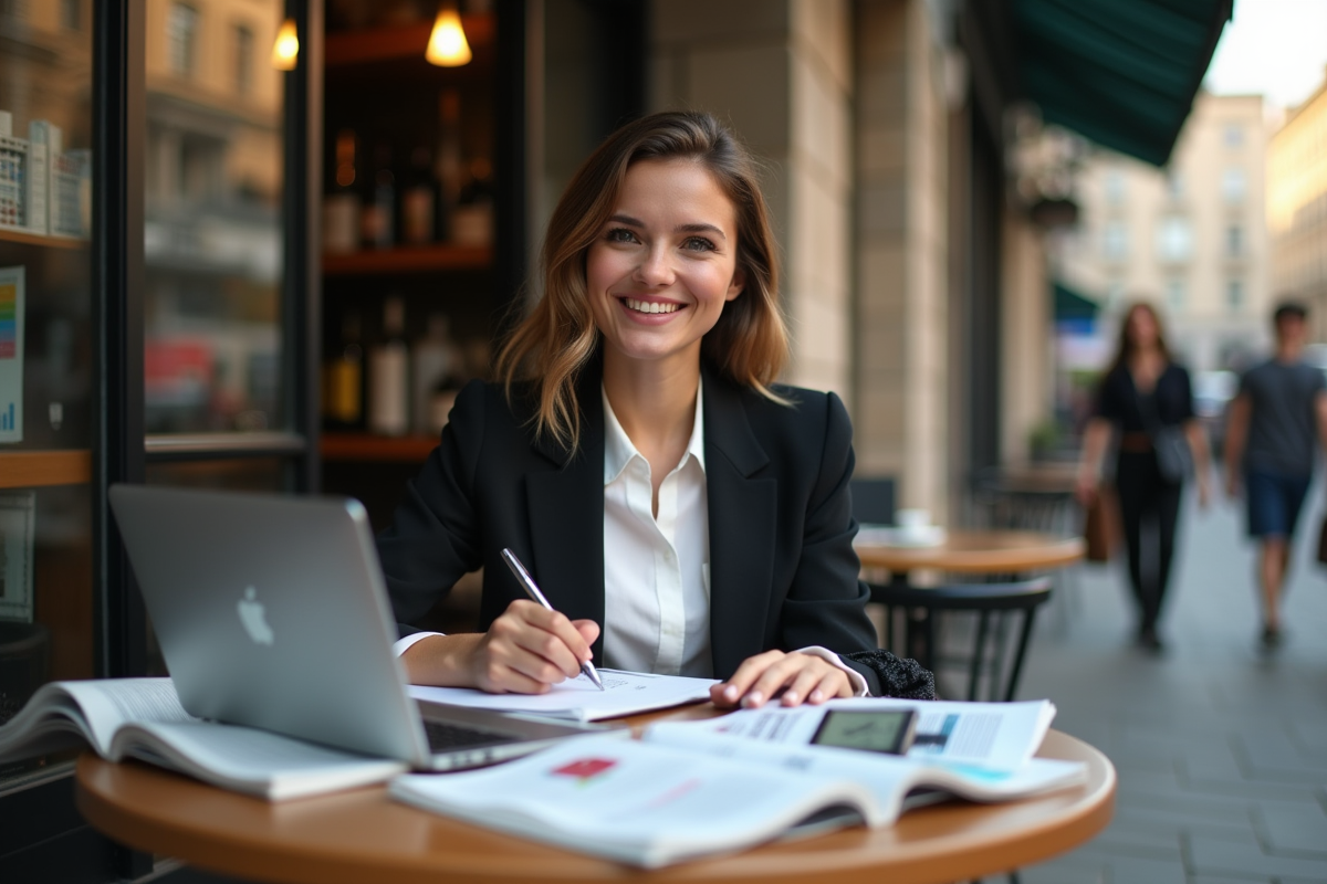 Jeune femme souriante calculant ses coûts au café