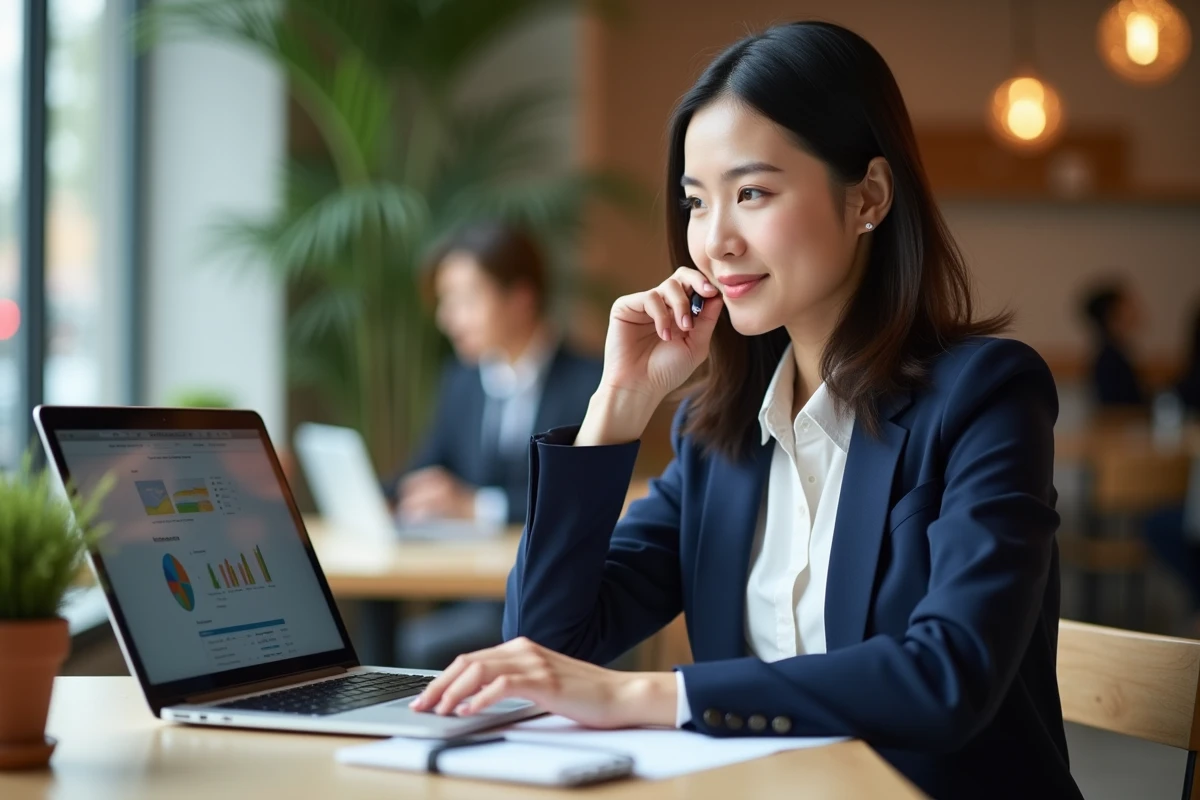 Jeune femme au cafe travaillant sur un tableau de bord marketing