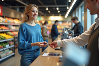 Femme souriante à la caisse d'un supermarche moderne