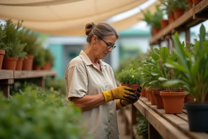 Femme comparant le prix de plantes vivaces dans une jardinerie pour optimiser son budget jardinage