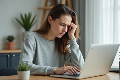 Femme frustrée tentant de se connecter à son compte en ligne pour la première fois sur un ordinateur portable