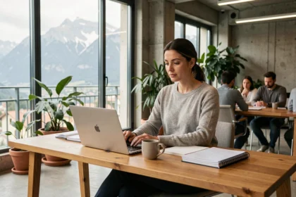 Femme travaillant sur son ordinateur dans un espace de coworking moderne à Meylan avec vue sur le massif de la Chartreuse
