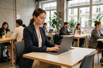 Femme professionnelle travaillant dans un espace de coworking Nomade de la Ville de Paris