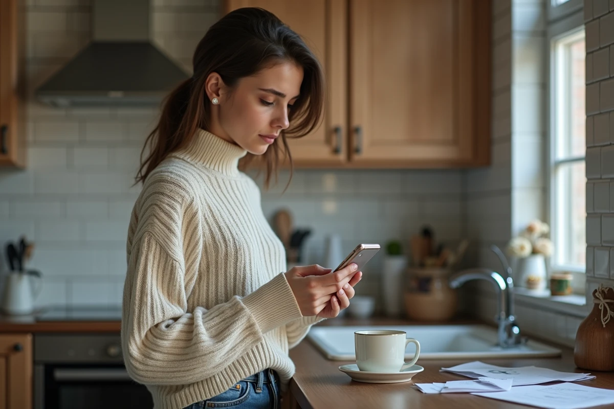 Jeune femme à la maison utilisant son smartphone