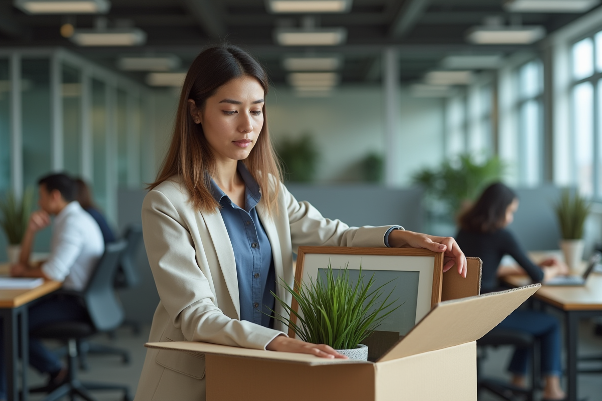 Femme rangeant ses affaires dans un bureau moderne