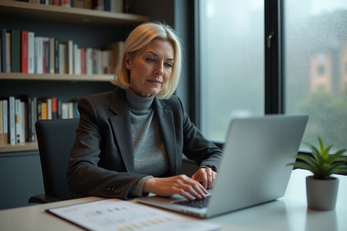 Femme dirigeante dans un bureau épuré analysant des données stratégiques, illustrant la vision d'un modèle d'entreprise technologique