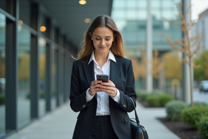 Femme d affaires vérifiant son téléphone devant un bâtiment moderne