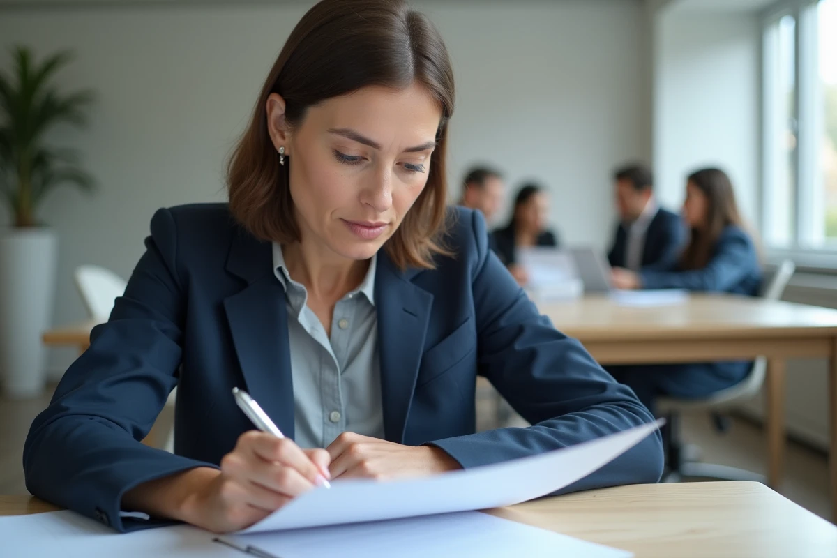 Femme professionnelle analysant un questionnaire d'évaluation cognitive PI dans un bureau moderne