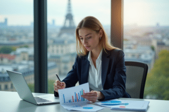 Femme d'affaires à Paris analysant un graphique financier
