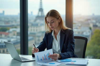 Femme d'affaires à Paris analysant un graphique financier