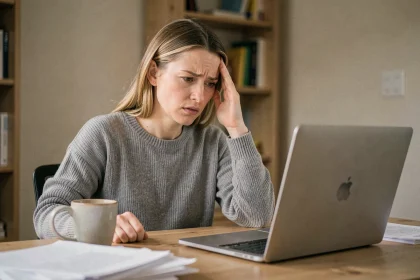 Femme frustrée devant son ordinateur portable en tentant de contacter un service sans réponse