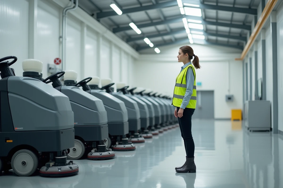 Jeune femme inspectant des machines de nettoyage en usine