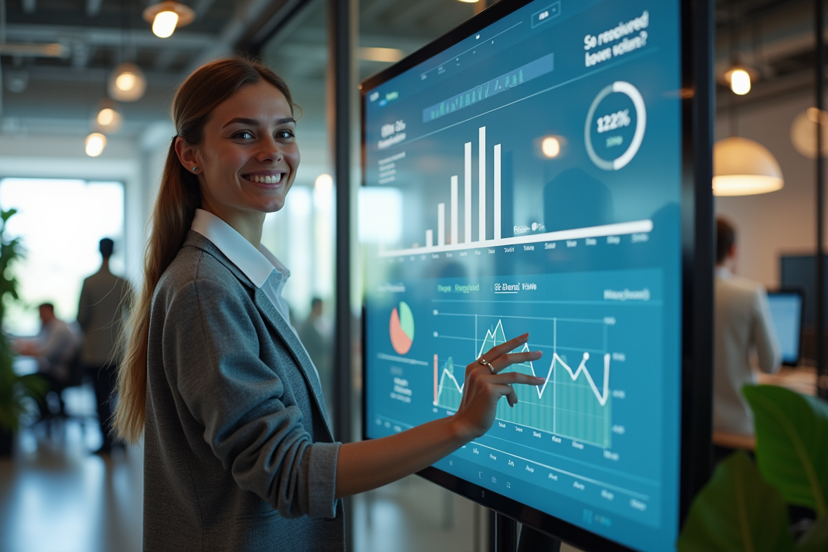 Jeune femme souriante utilisant un écran interactif au bureau