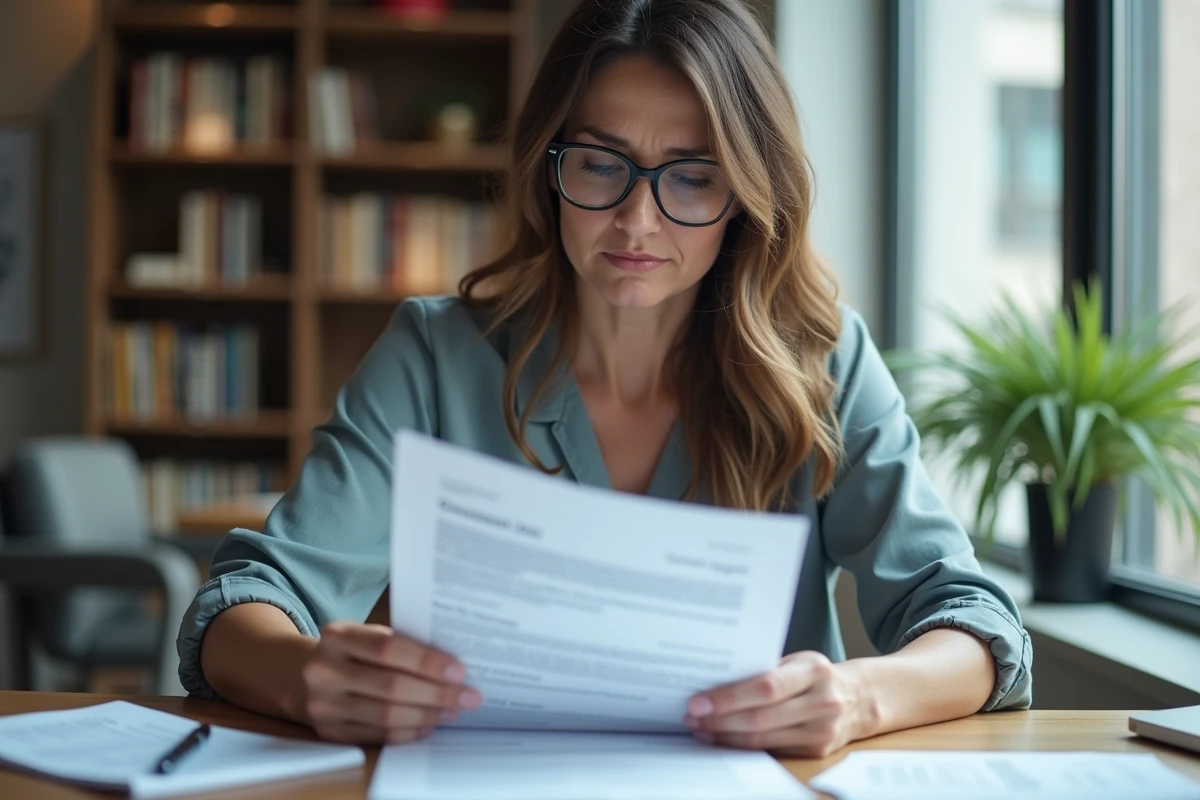 Femme lisant attentivement un document juridique lié à une garantie de bail immobilier LACAMO