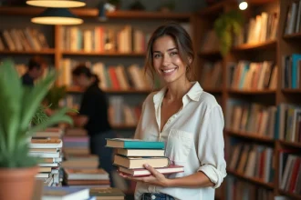 Femme parcourant des livres dans une librairie indépendante chaleureuse, idée d'achat loisirs et culture avec le Shopping Pass