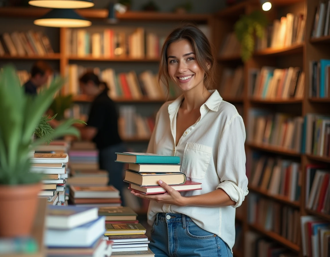 Femme parcourant des livres dans une librairie indépendante chaleureuse, idée d'achat loisirs et culture avec le Shopping Pass