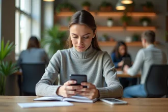 Femme lisant un post LinkedIn formaté en gras sur son smartphone dans un bureau moderne