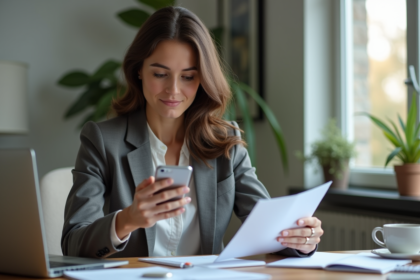 Femme en multitasking dans un bureau moderne et organisé