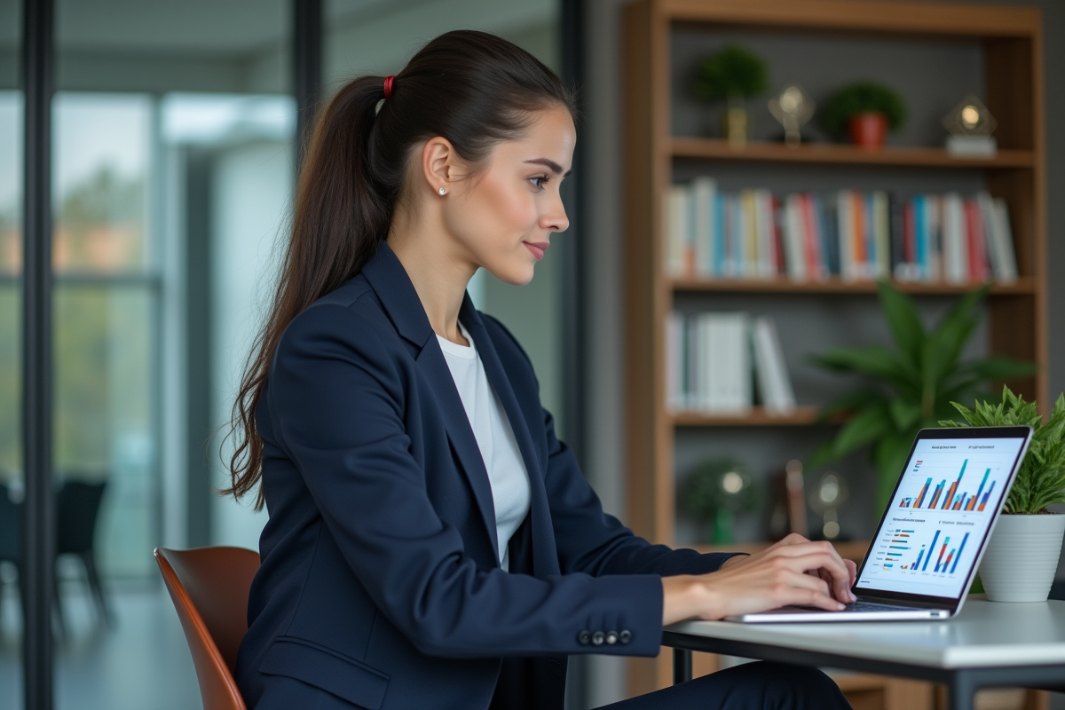 Jeune femme en bureau analysant des graphiques marketing