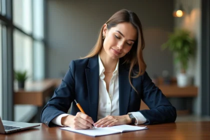 Femme professionnelle écrivant une lettre de remerciement dans un bureau