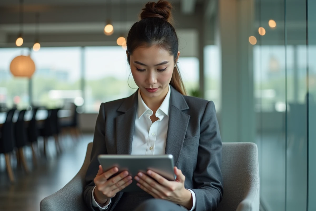 Jeune femme professionnelle utilisant une tablette dans un espace de coworking