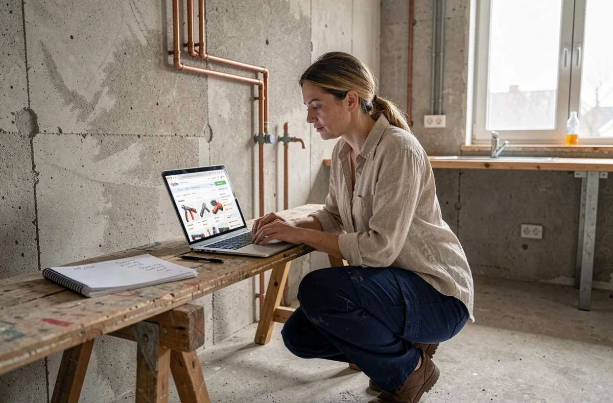 Femme consultant un site de vente d'outils d'occasion sur ordinateur dans une cuisine en cours de rénovation