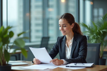 Femme en tenue professionnelle examine un CV dans un bureau moderne