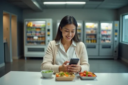 Femme mangeant un repas maison au bureau avec application nutrition