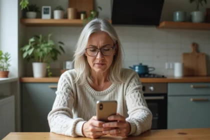 Femme d'âge moyen avec smartphone dans la cuisine moderne