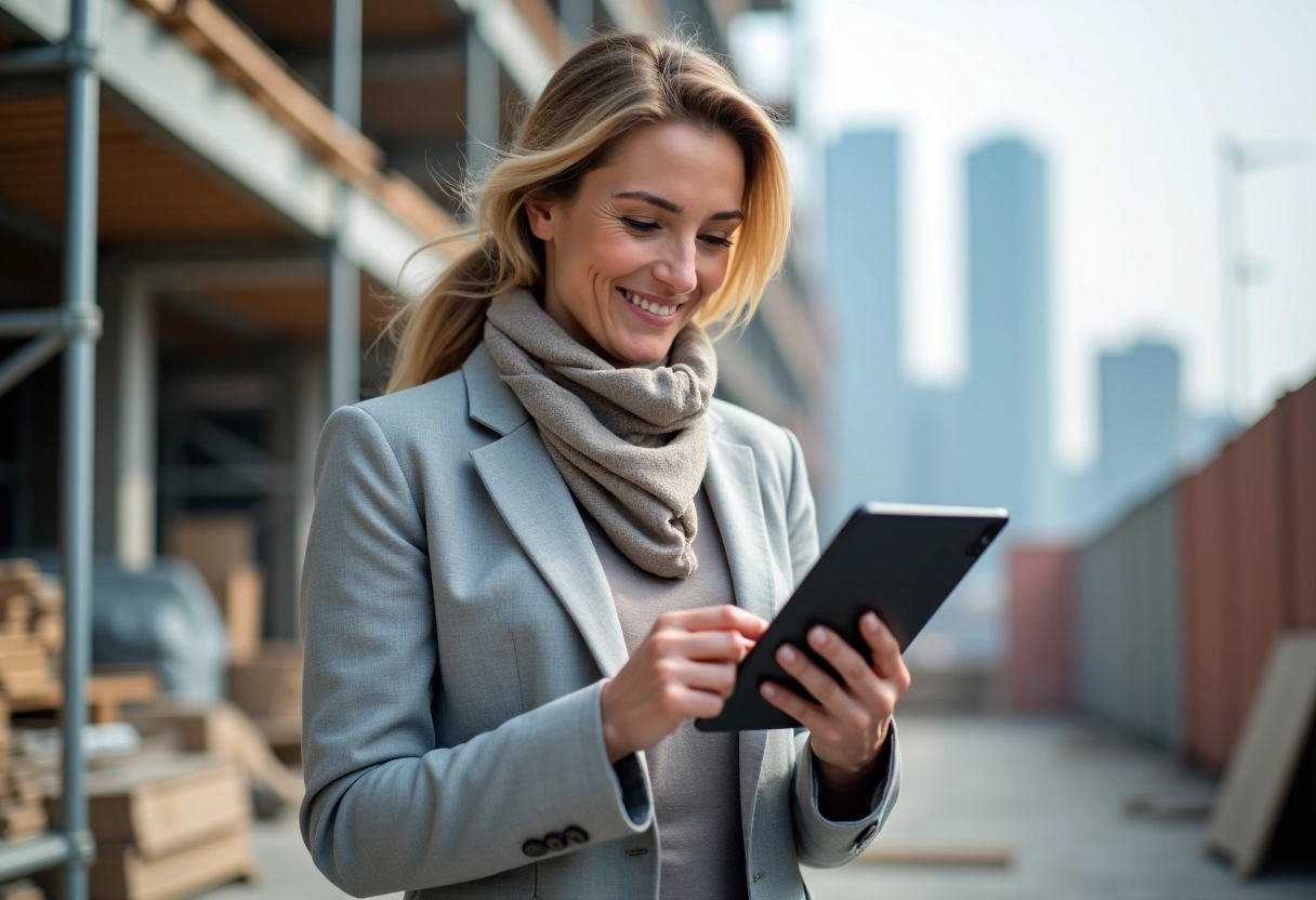 Femme avec blazer utilise une tablette sur un chantier