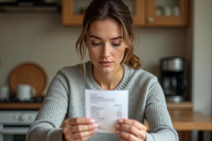 Femme examinant un ticket de caisse illisible à la maison pour accéder au site BKvousecoute.fr