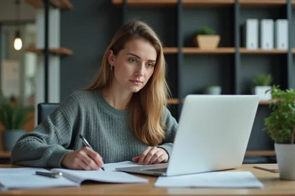 Femme concentrée au bureau avec notes et ordinateur