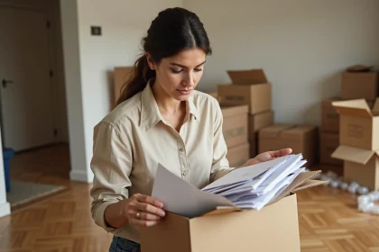 Femme triant son courrier postal lors d'un déménagement avec des cartons ouverts en arrière-plan