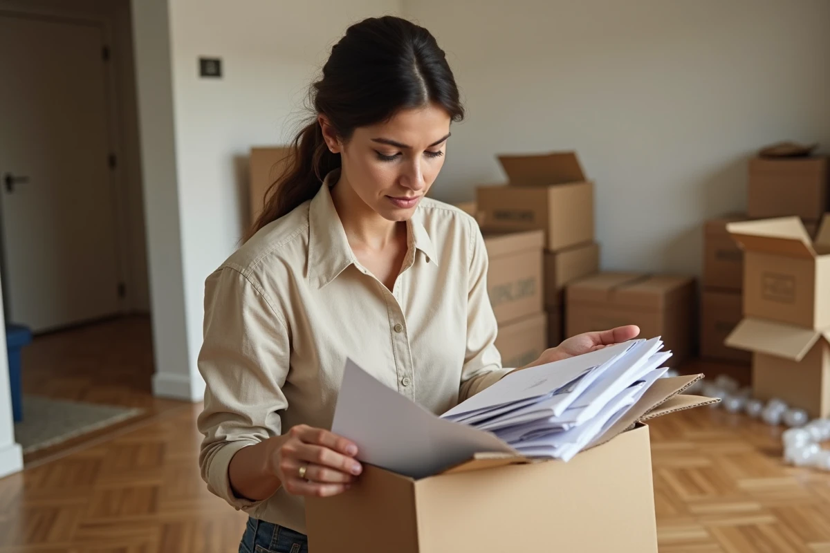 Femme triant son courrier postal lors d'un déménagement avec des cartons ouverts en arrière-plan