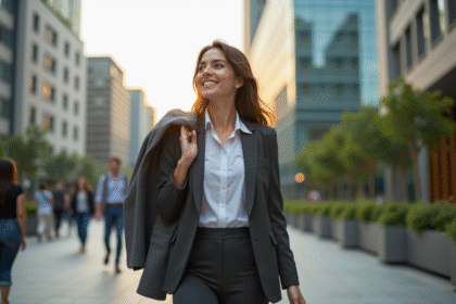 Femme dans la ville après le travail avec blazer