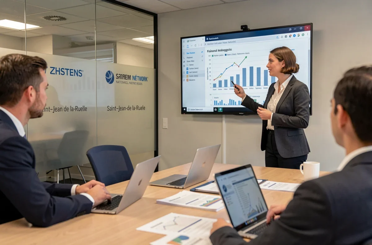 Professionnelle de FIDUCIAL Expertise Orléans présentant une analyse financière à des collègues à Saint-Jean-de-la-Ruelle