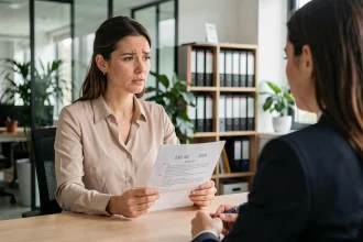 Employée en fin de CDD discutant avec un responsable RH autour d'un contrat de travail dans un bureau moderne