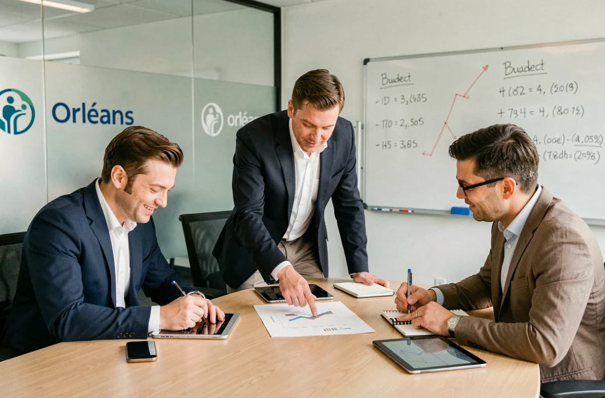 Équipe de Fiteco Orléans collaborant autour d'un tableau de bord financier dans leurs bureaux orléanais