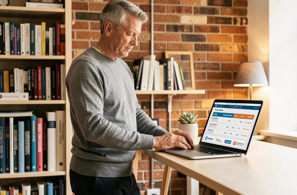 Freelance comparant des sociétés de portage salarial sur son ordinateur portable dans un bureau à domicile