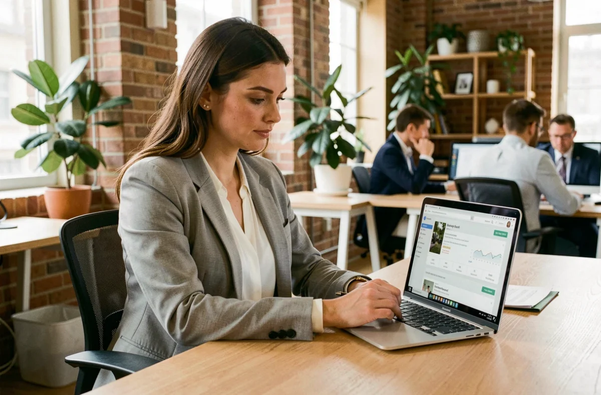 Freelance sur Malt travaillant en espace de coworking avec un ordinateur portable affichant une interface de plateforme freelance