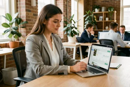 Freelance sur Malt travaillant en espace de coworking avec un ordinateur portable affichant une interface de plateforme freelance