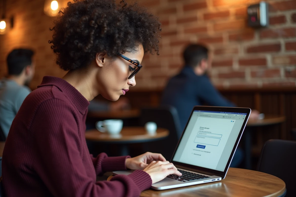 Jeune femme gérant son compte Prodouane sur un ordinateur portable dans un café, avec page de vérification douanière affichée