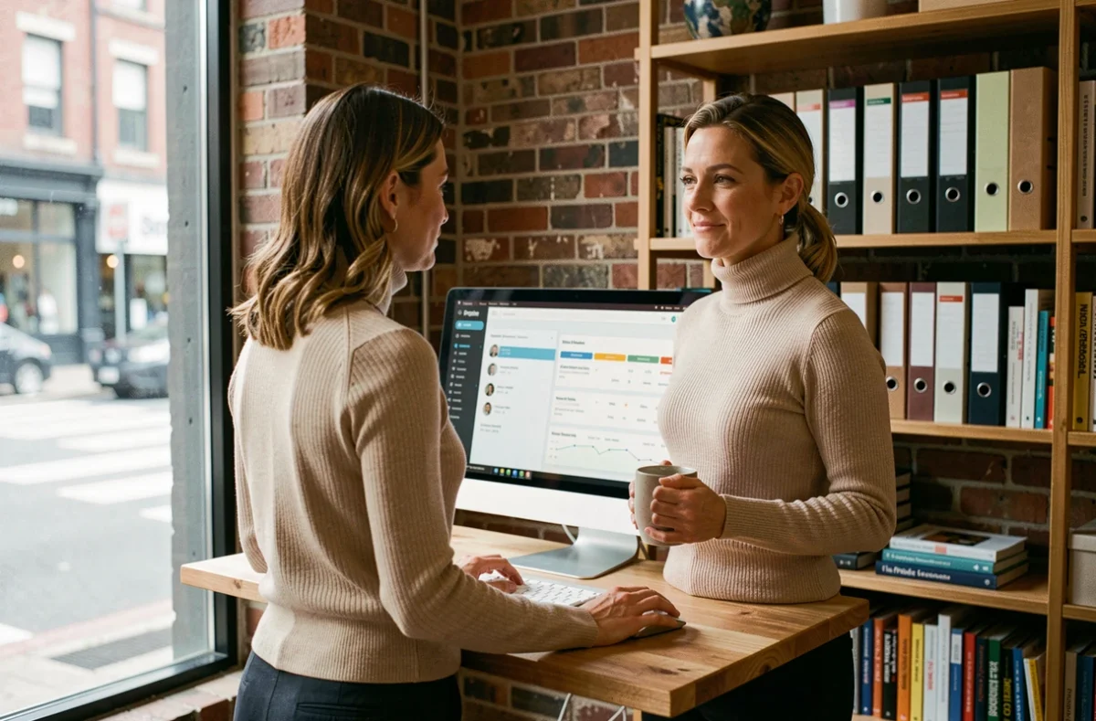 Femme professionnelle gérant un pipeline de prospects B2B sur un tableau de bord CRM dans un bureau moderne à domicile