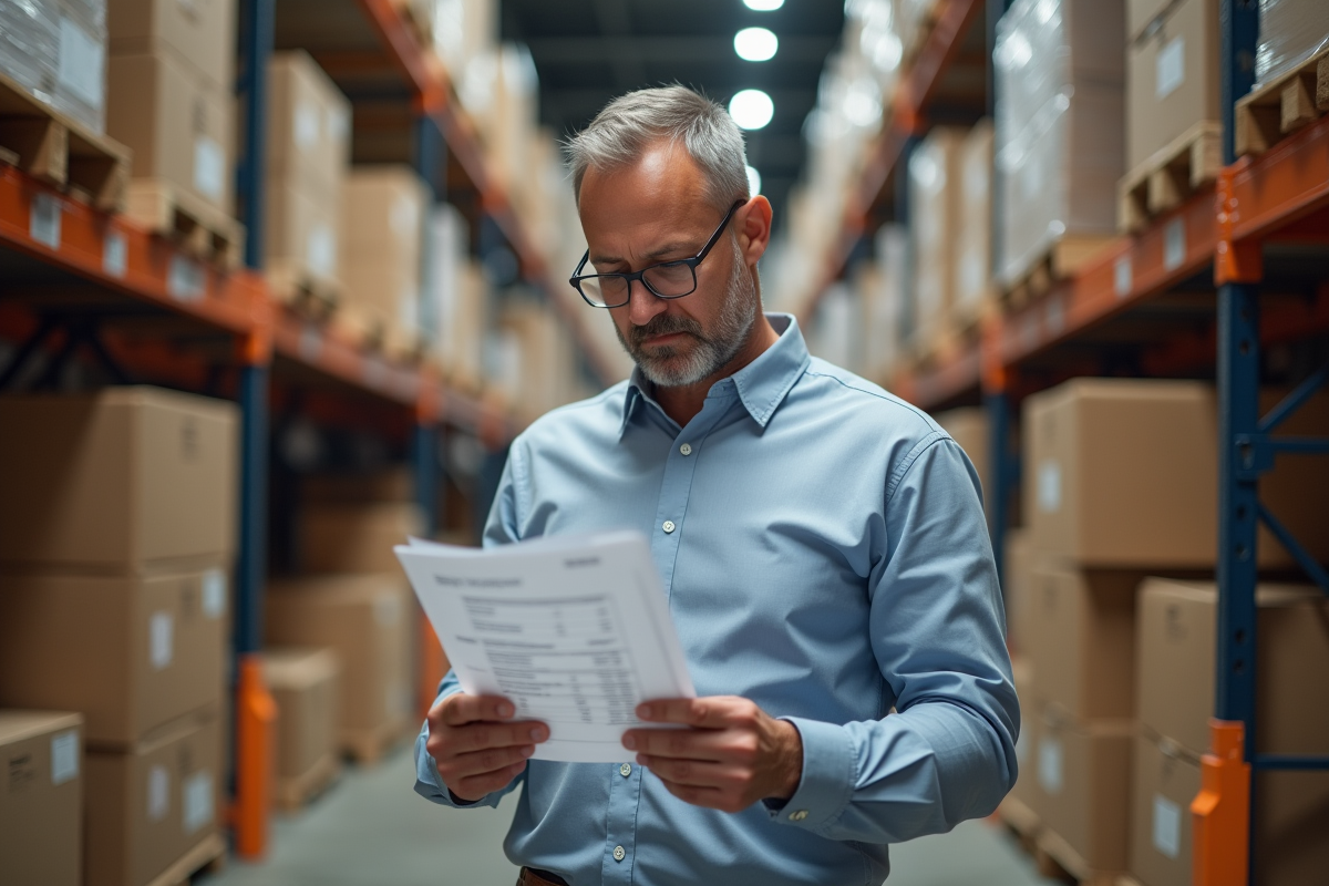 Responsable logistique vérifiant factures dans un entrepôt